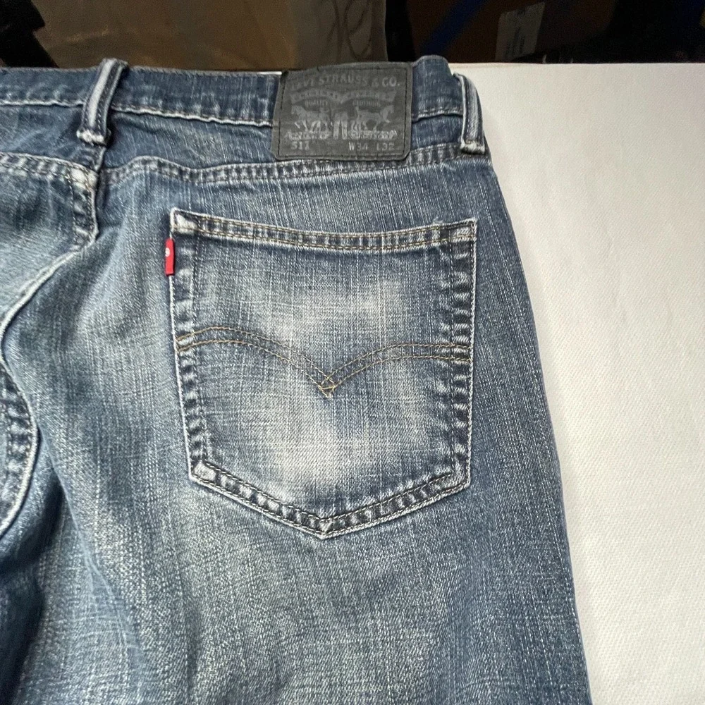 Levis 511 Jeans Mens 34x32 Slim Fit Distressed Blue Denim Button Fly